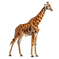 Fototapeta premium A striking portrait of a giraffe standing against a solid black background.