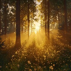 Morning sunbeams glowing across tranquil woodland high resolution picture