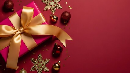 A vibrant magenta christmas gift box with a luxurious golden ribbon bow is adorned with sparkling snowflakes and festive baubles on a rich red background evoking holiday cheer and celebration