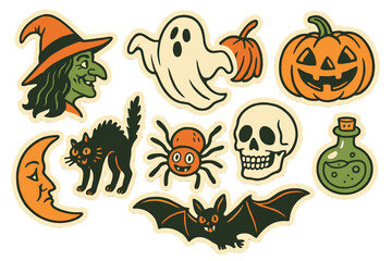 Fototapeta premium Vintage Halloween stickers set with witch, ghost, pumpkin, skull, and black cat