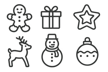 Naklejka premium Outline symbols of Christmas and winter holidays: gingerbread man, gift, star, reindeer, snowman, bauble