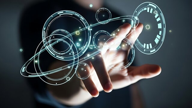 Futuristic hand interacting with glowing blue holographic interface elements and digital data visualization in a dark setting