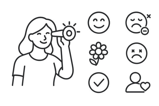 Woman collecting customer feedback data using a device with emotional and survey icons