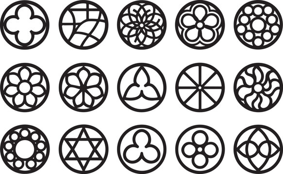 Medieval ornament gothic circle rose window. Cathedral rosette. Stained glass Christian architecture elements on white background. Radial vector frame.eps