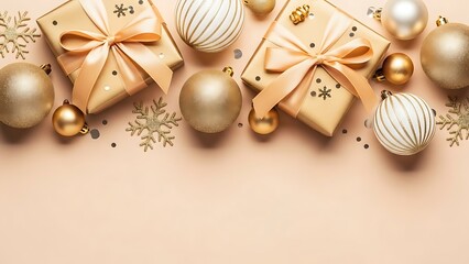 Elegant gold christmas gifts and ornaments with sparkling snowflakes and confetti creating a festive holiday celebration and luxurious seasonal background with copy space