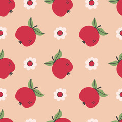 Red Apple Leaves and Flowers Seamless Pattern. Cute Garden Fruit Floral Blossom Background. Minimal hand drawn cottagecore harvest flat repeat vector illustration