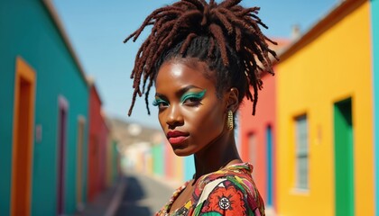 Obraz premium Young African woman with dreadlocks wears colorful clothes. She stands outdoors in a vibrant street. Her makeup is bold with blue eyeshadow and red lipstick. A fashion portrait.