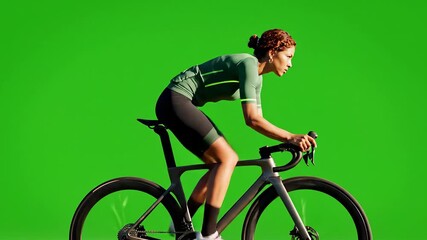 Determined female cyclist in green jersey and black shorts riding a modern road bike against a vibrant green screen backdrop showcasing fitness endurance and the spirit of competitive cycling.