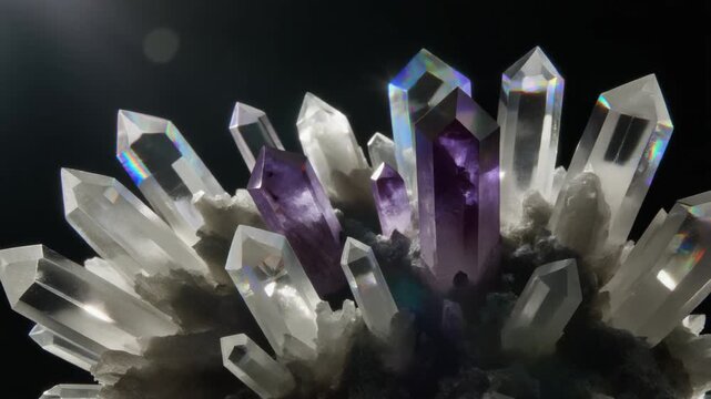 A radiant cluster of natural raw quartz and amethyst crystals sparkling with prismatic light against a dark, dramatic background