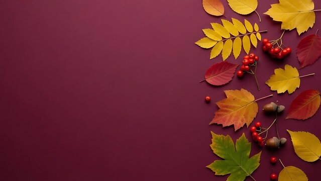 A vibrant collection of colorful autumn leaves and red berries arranged in a decorative border against a deep plum background creating a festive seasonal composition with ample copy space