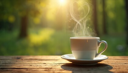 Obraz premium Hot beverage in white cup steams on wooden table outdoors near green trees. Morning sun shines brightly, creating a warm, inviting atmosphere and a heart shape from steam.