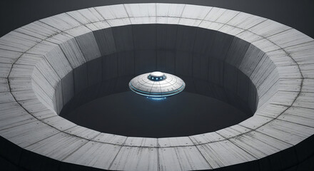 Obraz premium A massive brutalist concrete ring occupying most of the frame, with a small hyper-realistic UFO floating precisely in its center
