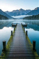 Fototapeta premium Wooden pier extending into misty mountain lake at dawn with forest-covered shores and layered peaks in background.