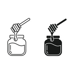 Two stylized icons of a honey dipper and jar one outline one solid black