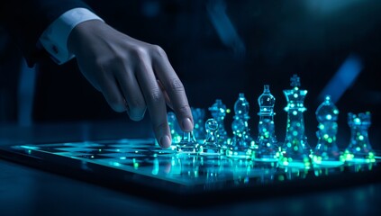Strategic game move with bright glass chess pieces for business acumen concept, representing planning, leadership, and intellectual challenge in a global market