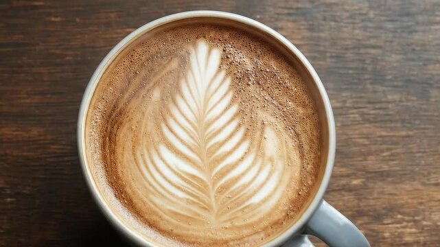 4K Detailed Latte Art Top View Coffee Mug on Wooden Table