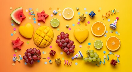 A bright and playful flat lay composition featuring a delicious variety of fresh tropical fruits arranged on a vibrant yellow background