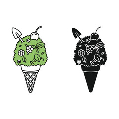 Green ice cream cone with garden elements and cherry on top in color and silhouette