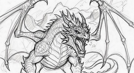 Detailed dragon line art fantasy illustration