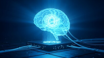 A glowing blue holographic brain connected to a computer chip, representing artificial intelligence and brain-computer interfaces.