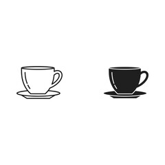 Two coffee cups on saucers one outlined and one solid black