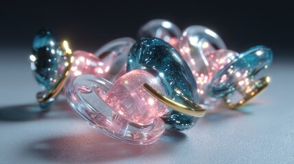 Colorful Transparent Pacifiers in Soft Lighting for Baby Products and Childhood Themes