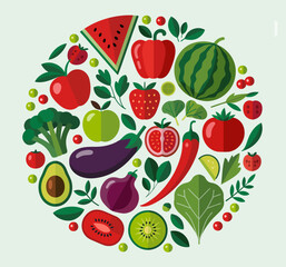 This vibrant illustration showcases a diverse array of fresh fruits and vegetables arranged beautifully, representing health, nutrition, and the joy of healthy eating.