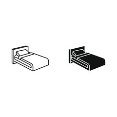 Simple line art and silhouette icons of a bed