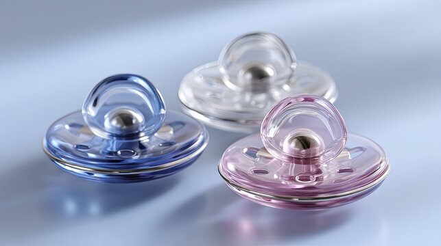 Colorful baby pacifiers on a soft blue background for infant care and soothing solutions