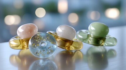 Colorful Baby Pacifiers on a Wooden Surface with a Blurred Background and Soft Lighting Effects for Childcare Themes
