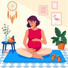 A serene depiction of a pregnant woman relaxing on a blue mat while gently cradling her belly, surrounded by plants, art, and a fruit bowl, embodying tranquility and anticipation.