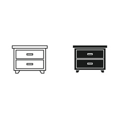 Two simple line art icons of a two drawer nightstand or dresser