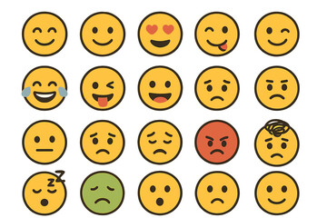 Large set of yellow emoji faces expressing a wide range of human emotions and feelings