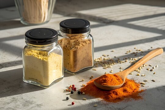 Two glass spice jars with black lids filled with yellow and brown spices sit on a textured surface with a wooden spoon holding red spice powder and scattered peppercorns