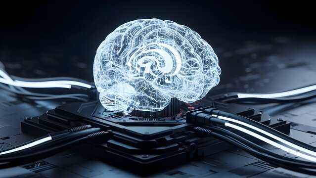 A glowing, transparent human brain model connected to a futuristic circuit board with thick cables.
