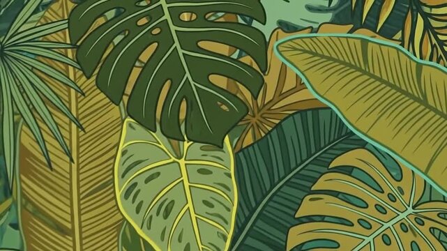 Animated Tropical Jungle Leaves Seamless Pattern Background Video.