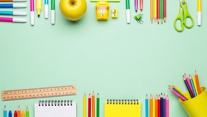 A vibrant flat lay composition of colorful school supplies including pencils markers crayons scissors an apple and notebooks arranged on a light green background creating a playful and educational fra