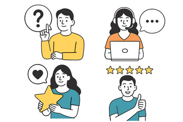 Customer service and feedback concept set with people asking questions and giving ratings