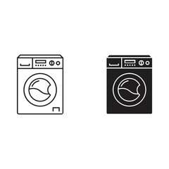 Front load washing machine icon set black and white line art and silhouette