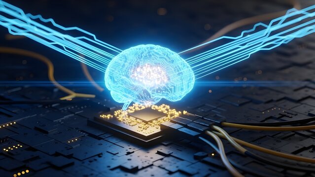 A glowing blue digital brain connecting to a microchip on a circuit board, symbolizing artificial intelligence and advanced computing.