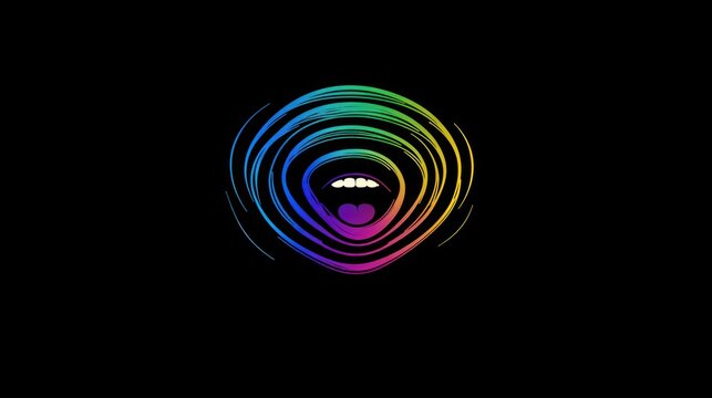 Colorful mouth graphic with rainbow-colored sound waves, set against a stark black background