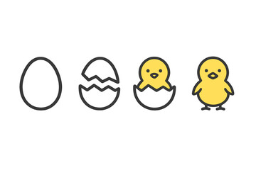 Four steps showing the life cycle process of a yellow chick emerging from a broken eggshell
