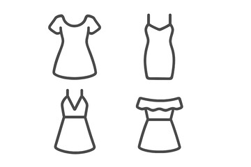 Fototapeta premium Outline icons representing various women's fashion styles including casual, cocktail, and off-shoulder dresses