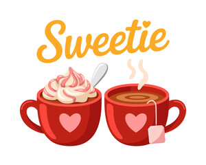 This vibrant illustration showcases two red cups, one filled with hot cocoa topped with whipped cream, the other with a tea bag steeping, symbolizing sweetness and warmth in life.