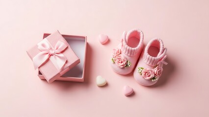 A delicate pink gift box with a satin ribbon sits open next to a pair of adorable pink baby ballet slippers adorned with floral accents surrounded by small pastel candies on a soft pink background