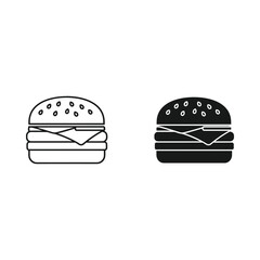 Simple line art and silhouette icons of a classic cheeseburger