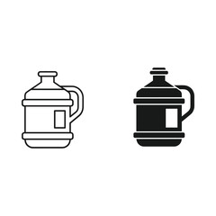 Two stylized icons of a large water cooler bottle one outlined and one solid black