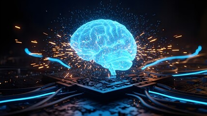 A glowing blue brain surrounded by sparks and circuits, representing artificial intelligence and technological advancement.