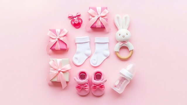A collection of adorable baby girl items including booties socks and wrapped gifts arranged in a pleasing oval shape on a soft pink background