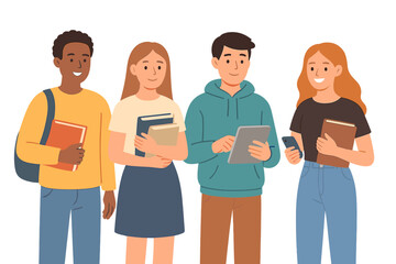 Group of smiling diverse students ready for class with books and digital gadgets